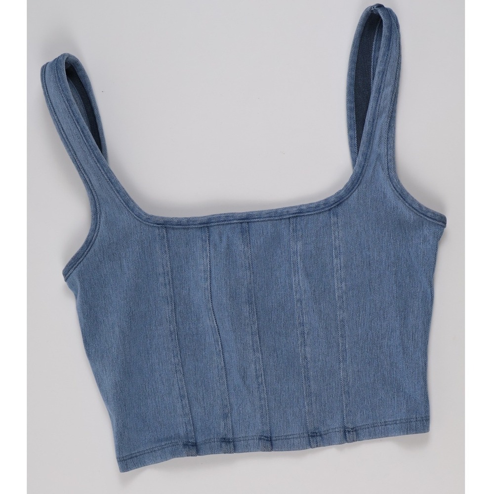 The Workshop Crop Top Corset Seam Blue Denim Look Medium NEW